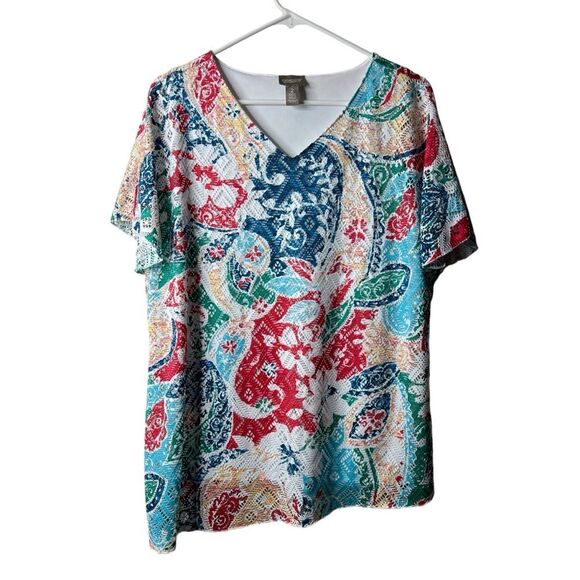 Chicos White Paisley Mesh Overlay Short Sleeve Blouse 2 - Picture 1 of 6